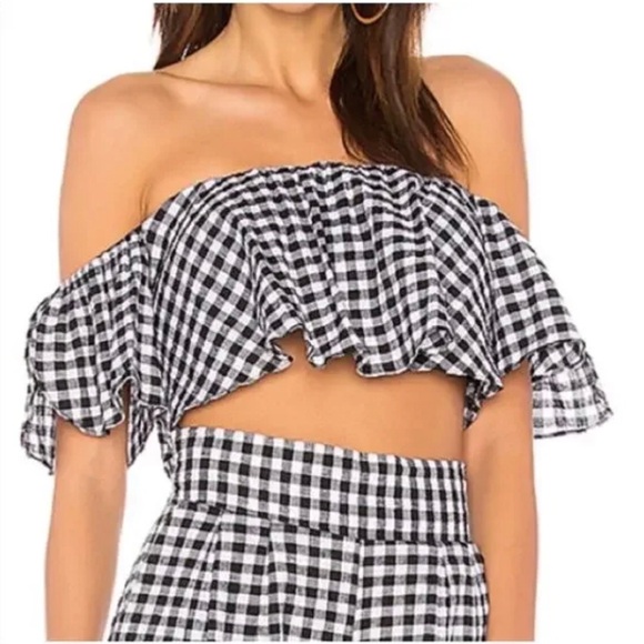 Misa Los Angeles Cotton Lunna Gingham Flutter Off Shoulder Crop Top. - Picture 2 of 10